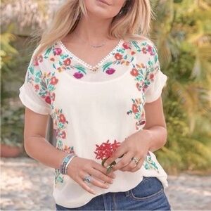 Sundance Tell Your Story Embroidered Floral Ivory White Semi Sheer Women's Top
